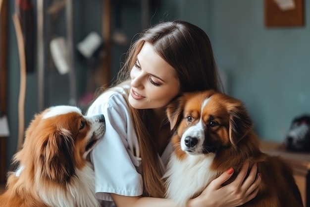 Foto de uma jovem recebendo seus cães do tosador criado com IA generativa