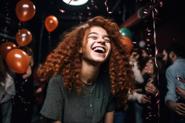 Foto de uma jovem rindo se divertindo em uma festa de natal criada com IA generativa