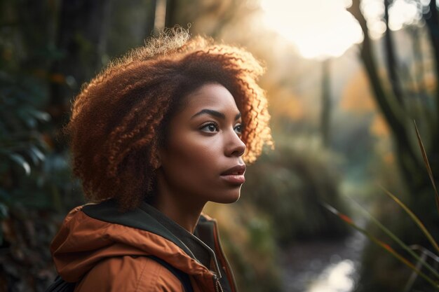 Foto de uma jovem saindo para um dia na natureza criada com IA generativa