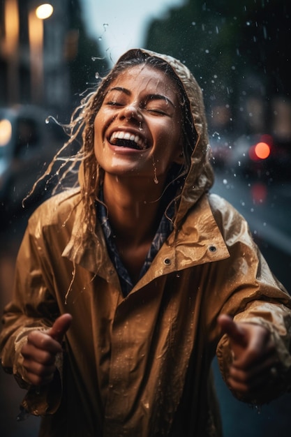 Foto de uma jovem se divertindo na chuva