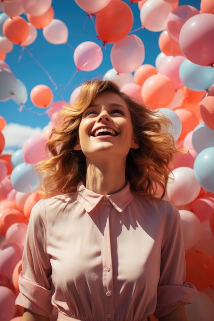 foto de uma jovem segurando balões coloridos no céu gerada por IA