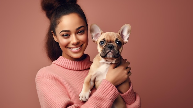 Foto de uma jovem segurando um cão adorável brincando com um cão em um estúdio gerado por IA