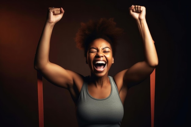 Foto de uma jovem segurando uma faixa de exercícios e comemorando criada com IA generativa