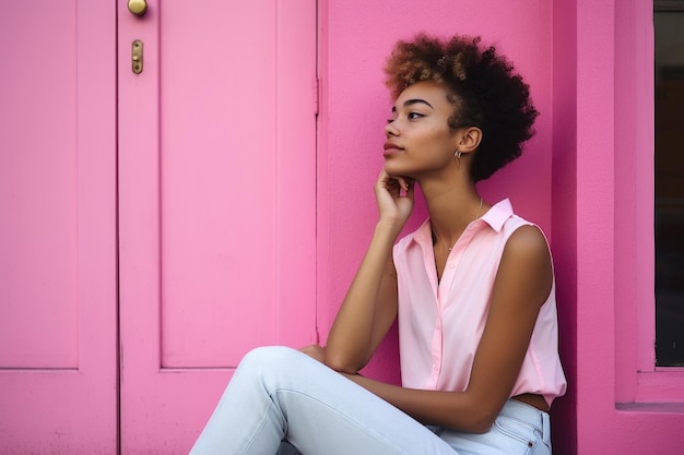 Foto de uma jovem sentada do lado de fora contra um fundo rosa criado com IA generativa