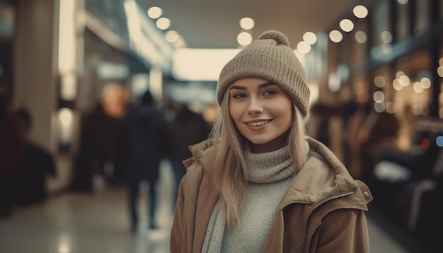 Foto de uma jovem sorridente com sacolas de compras no shopping Generative AI