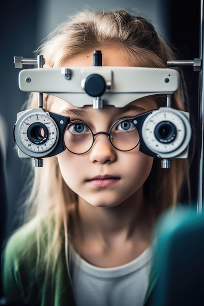 Foto de uma jovem tendo sua visão verificada em um optometrista criada com IA generativa