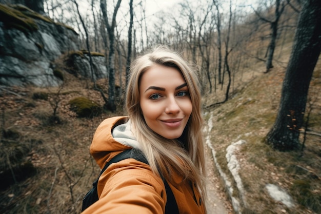 Foto de uma jovem tirando uma selfie enquanto explora o ar livre criado com IA generativa