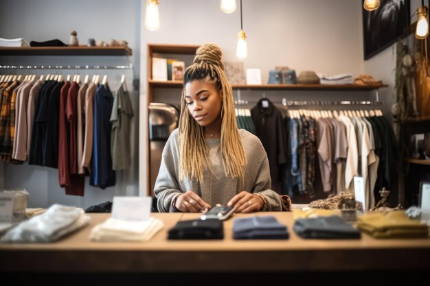 Foto de uma jovem trabalhando atrás do balcão de sua boutique de roupas