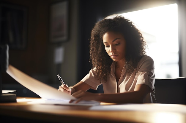 Foto foto de uma jovem trabalhando com papelada em um escritório criado com ia generativa