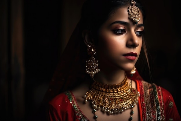 Foto de uma jovem usando joias festivas criadas com IA generativa