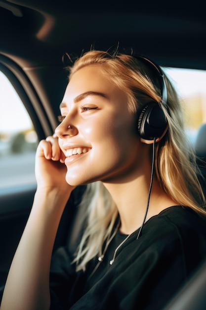 Foto de uma jovem usando o celular com viva-voz enquanto viajava de carro