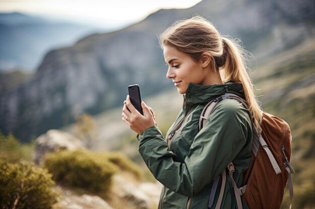 Foto de uma jovem usando seu telefone celular durante uma caminhada criada com IA generativa