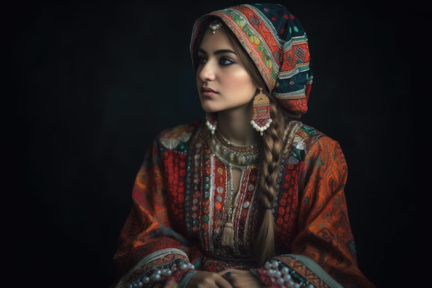 Foto de uma jovem usando um vestido tradicional criado com IA generativa