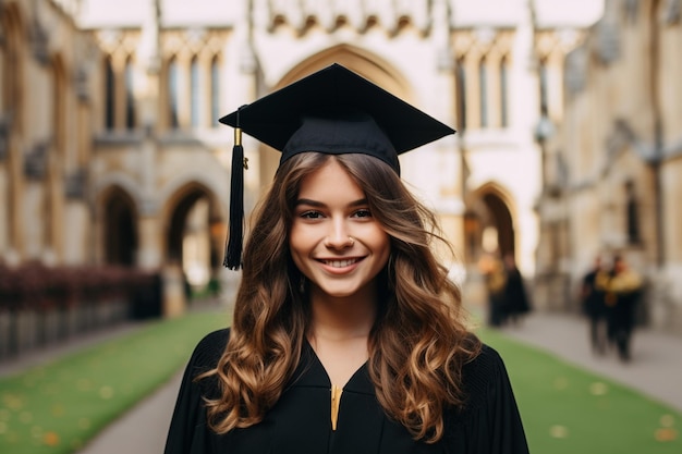 foto de uma jovem vestindo um vestido de formatura em frente à universidade