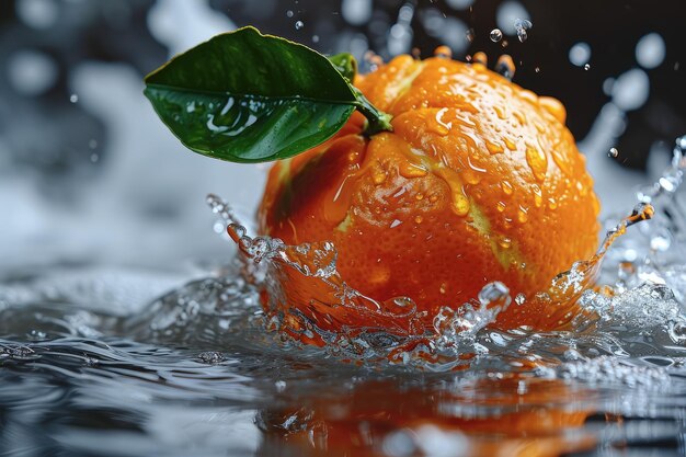 Foto foto de uma laranja caindo em salpicos de água