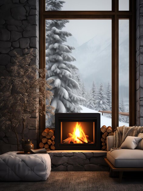 Foto de uma lareira aconchegante em um dia de neve criando uma bela paisagem fora da janela Calmante