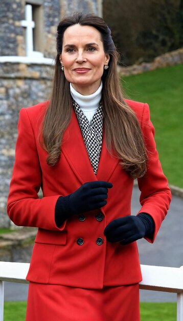 foto de uma linda e feliz senhora europeia mulher com casaco vermelho e lenço de pé no jardim generativa AI