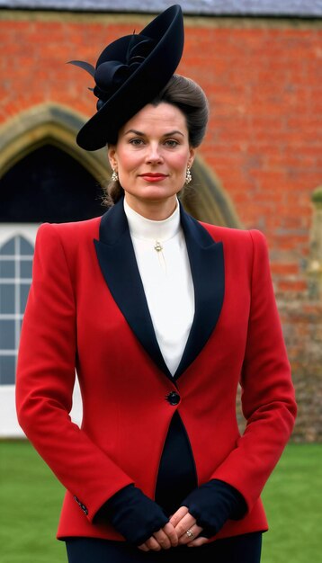 Foto foto de uma linda e feliz senhora europeia mulher com casaco vermelho e lenço de pé no jardim generativa ai