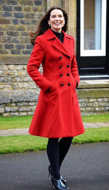 foto de uma linda e feliz senhora europeia mulher com casaco vermelho e lenço de pé no jardim generativa AI