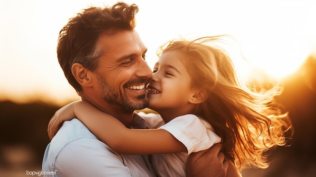 Foto de uma linda garota abraçando o pai, sorriso fofo, pai e filha felizes