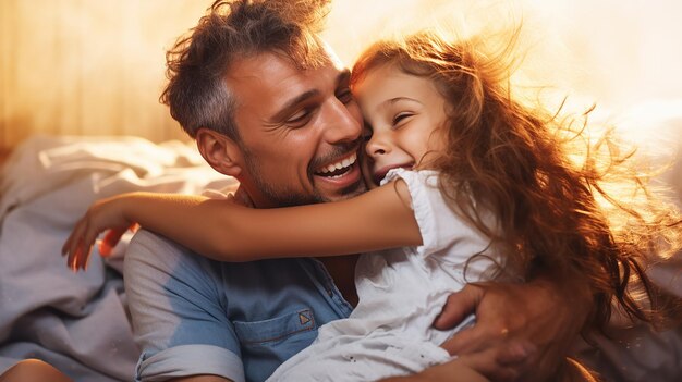 Foto de uma linda garota abraçando o pai, sorriso fofo, pai e filha felizes