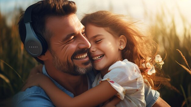 Foto de uma linda garota abraçando o pai, sorriso fofo, pai e filha felizes