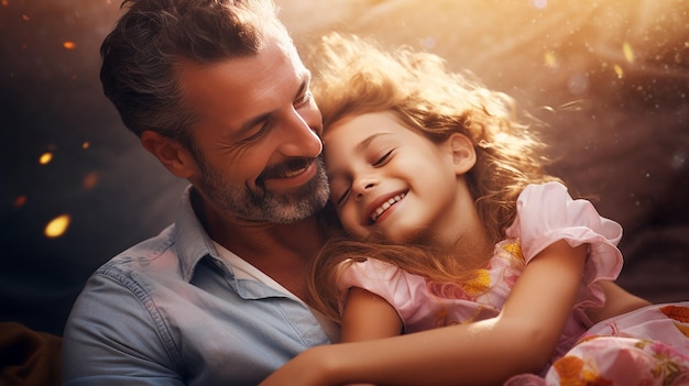 Foto de uma linda garota abraçando o pai, sorriso fofo, pai e filha felizes