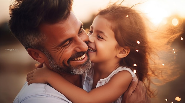 Foto de uma linda garota abraçando o pai, sorriso fofo, pai e filha felizes