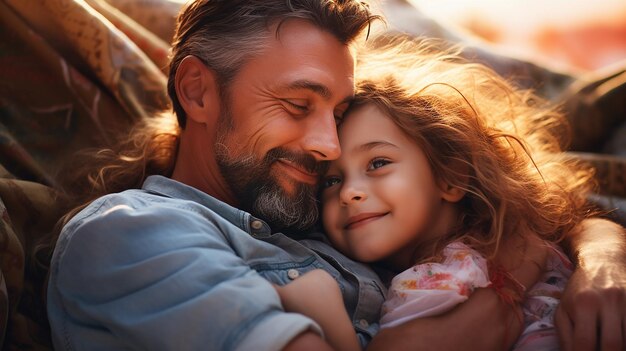 Foto de uma linda garota abraçando o pai, sorriso fofo, pai e filha felizes