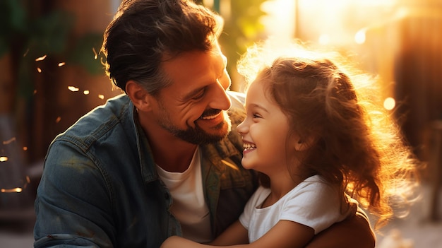 Foto de uma linda garota abraçando o pai, sorriso fofo, pai e filha felizes