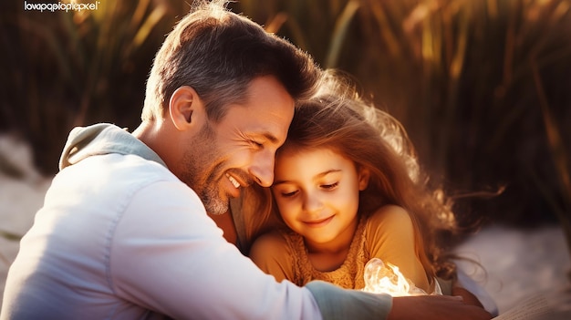 Foto de uma linda garota abraçando o pai, sorriso fofo, pai e filha felizes