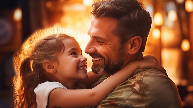 Foto de uma linda garota abraçando o pai, sorriso fofo, pai e filha felizes