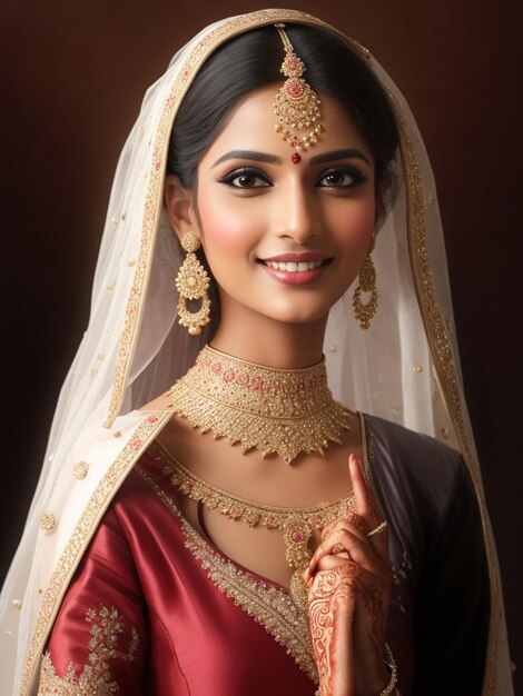 Foto de uma linda garota vestindo um vestido de noiva indiano