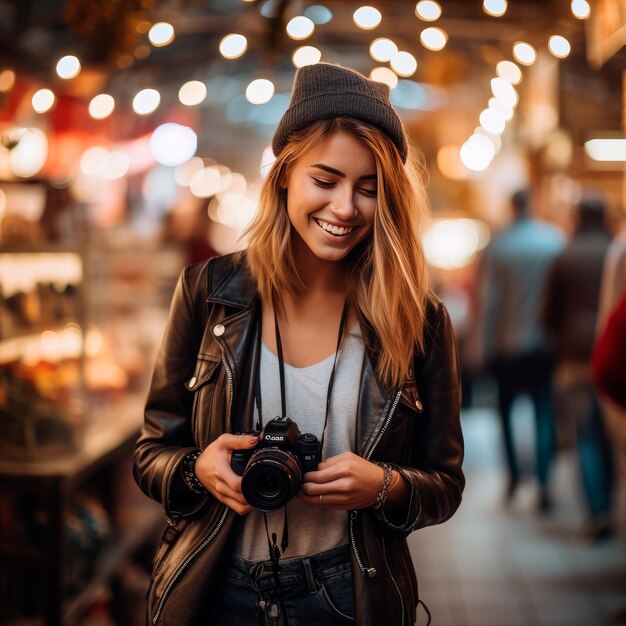 foto de uma linda mulher segurando uma câmera dia mundial da fotografia