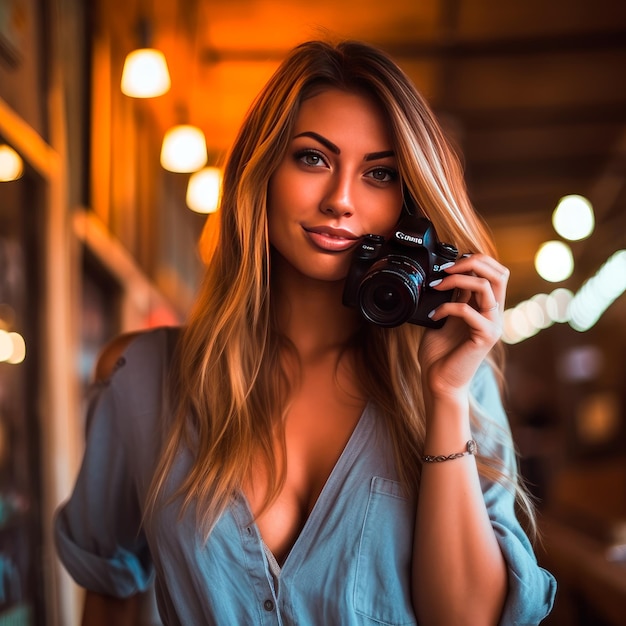 foto de uma linda mulher segurando uma câmera dia mundial da fotografia