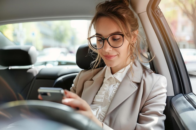 Foto de uma linda senhora usando celular enquanto viaja em seu carro AI geradora