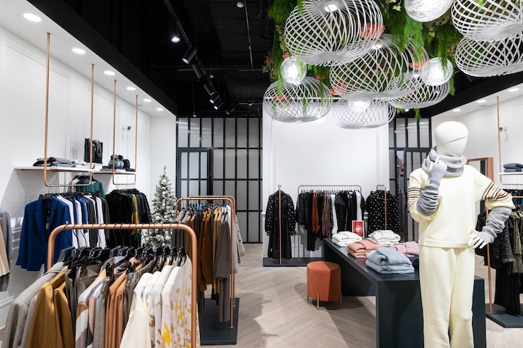 Foto foto de uma loja de roupas jovens e elegantes com jeans, agasalhos, jaqueta, camisas, suéter, camiseta, moletom com capuz, calças para homens e mulheres em um shopping center. roupa em um manequim.