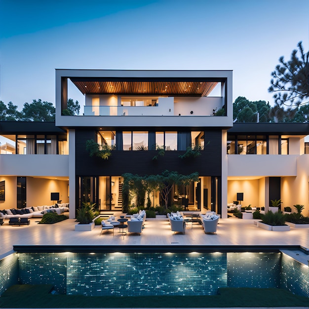 Foto de uma luxuosa casa moderna com uma piscina deslumbrante em primeiro plano