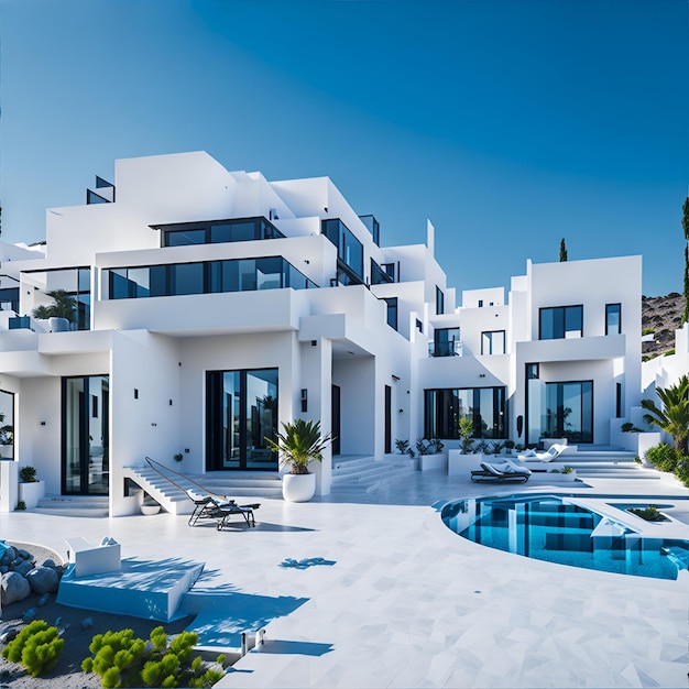 Foto de uma luxuosa mansão branca com uma piscina cintilante em primeiro plano