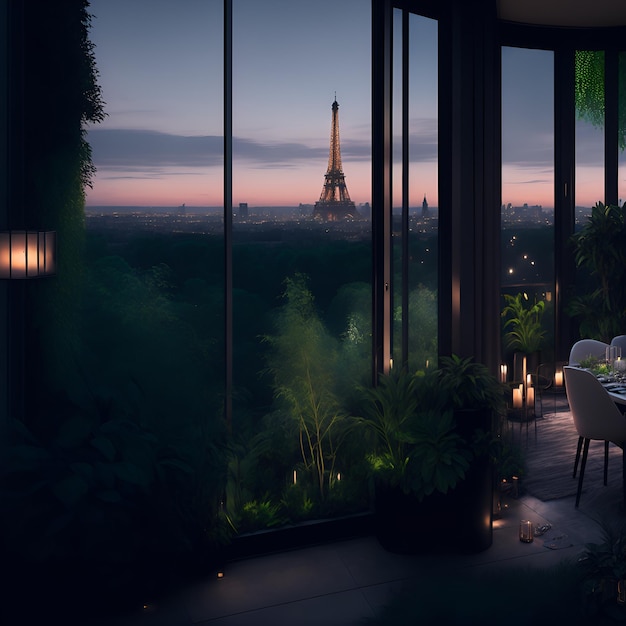 Foto de uma luxuosa sala de jantar com uma vista deslumbrante da icônica Torre Eiffel