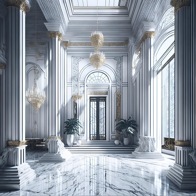 Foto de uma luxuosa sala de mármore com um ambiente grandioso