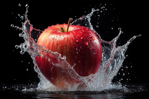 Foto de uma maçã vermelha inteira salpicando em água contra um fundo preto