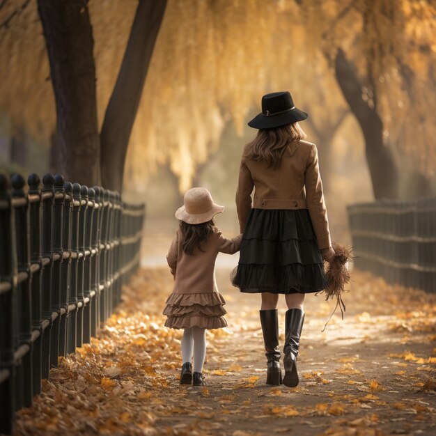 Foto de uma mãe e filha a caminhar num parque