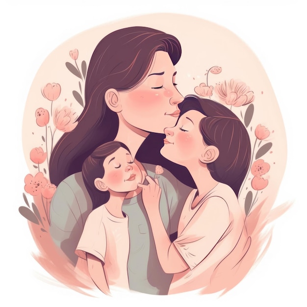 Foto de uma mãe e uma criança abraçadas em um campo de flores