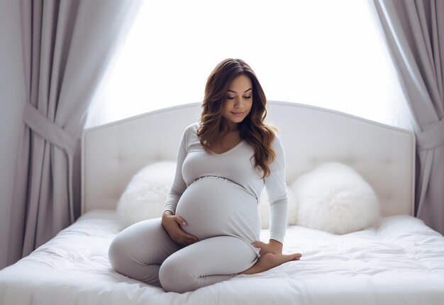 Foto de uma mãe grávida, fofa e feliz, tocando sua barriga