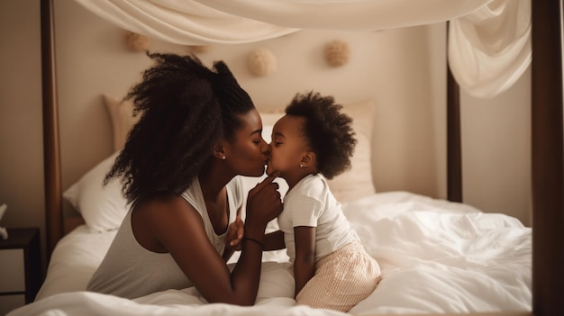 Foto de uma mãe negra a brincar na cama com o seu bebé a beijar-se