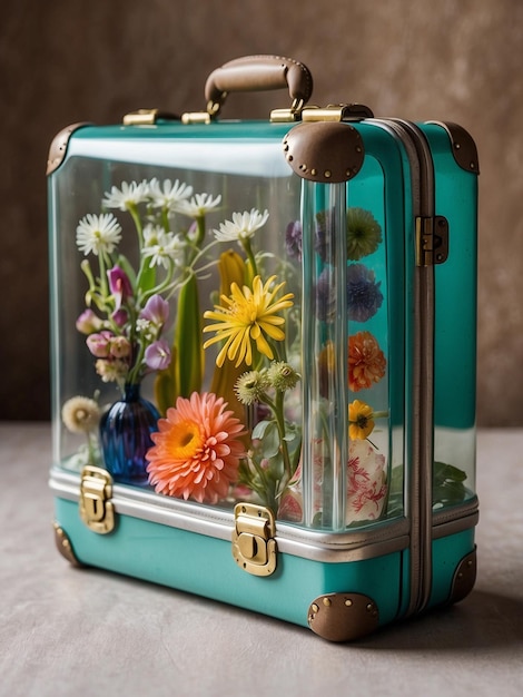 Foto de uma mala transparente com flores dentro