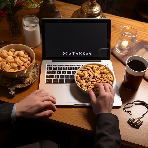 foto de uma mão no teclado de um laptop com um lanche em uma mica em uma mesa marrom clara, tirada de cima