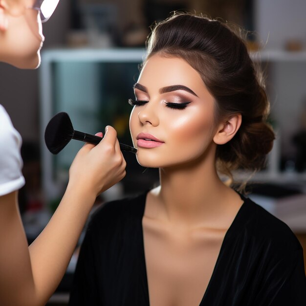 Foto de uma maquiadora feminina fazendo uma maquiagem para o rosto de uma jovem