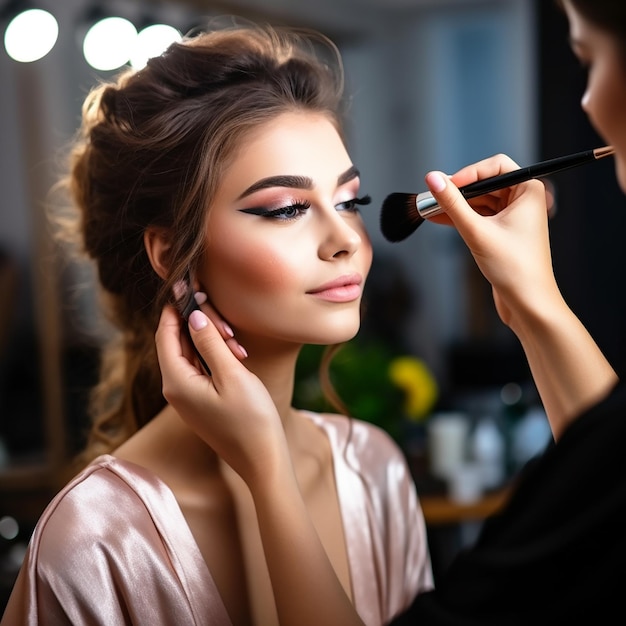 Foto de uma maquiadora feminina fazendo uma maquiagem para o rosto de uma jovem